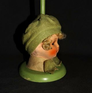 VINTAGE GERMAN Paper - Mache Doll Head Felt Clothes GREEN WOOD BOUDOIR HAT STAND 5