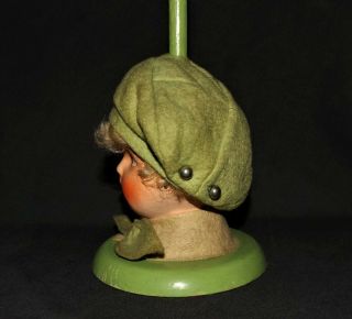 VINTAGE GERMAN Paper - Mache Doll Head Felt Clothes GREEN WOOD BOUDOIR HAT STAND 6