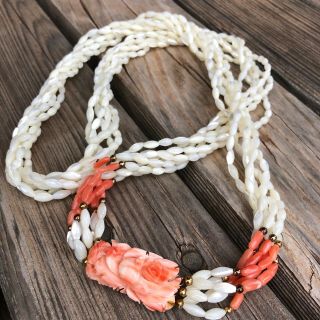 Vintage Necklace Angel Skin Coral Carved Flower Strands Mother Of Pearl Beaded