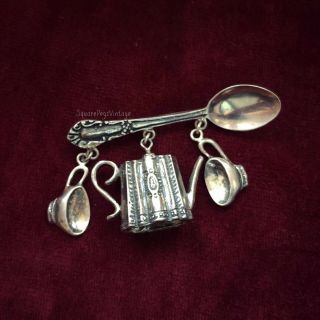 Vintage Sterling Spoon Brooch Pin With Tea Pot & Tea Cup Charms Victorian Theme