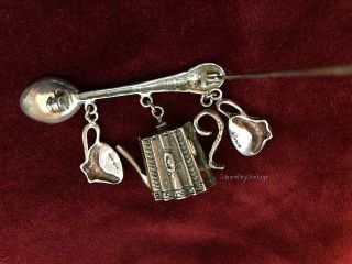 Vintage STERLING Spoon Brooch Pin With Tea Pot & Tea Cup Charms Victorian Theme 2
