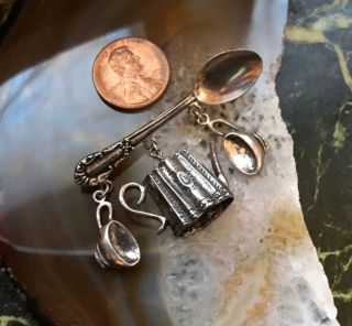 Vintage STERLING Spoon Brooch Pin With Tea Pot & Tea Cup Charms Victorian Theme 3