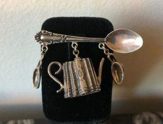 Vintage STERLING Spoon Brooch Pin With Tea Pot & Tea Cup Charms Victorian Theme 4
