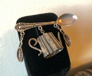 Vintage STERLING Spoon Brooch Pin With Tea Pot & Tea Cup Charms Victorian Theme 5