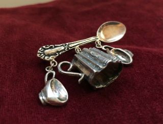 Vintage STERLING Spoon Brooch Pin With Tea Pot & Tea Cup Charms Victorian Theme 6