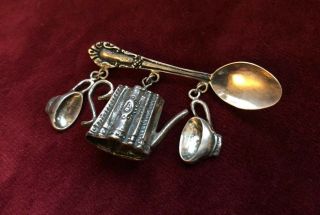 Vintage STERLING Spoon Brooch Pin With Tea Pot & Tea Cup Charms Victorian Theme 7