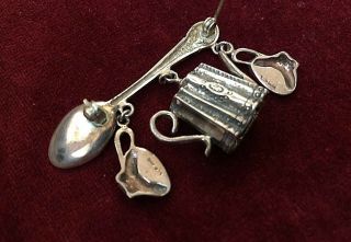 Vintage STERLING Spoon Brooch Pin With Tea Pot & Tea Cup Charms Victorian Theme 8