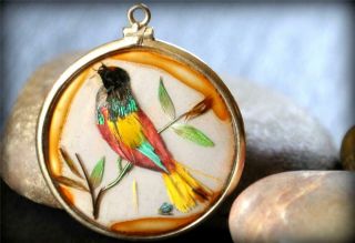 Victorian 9ct 10k Gold Bird Feather 2 Sided Songbird Pendant Glass Fob Charm