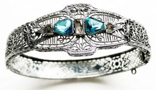 Antique Filigree Sterling & Rhodium Bangle Bracelet W/ Turquoise Rhinestones 12g