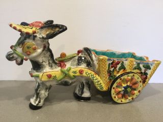 Vintage Mid Century Hand Made Italian Donkey Cart Majolica Pottery Planter 16 "