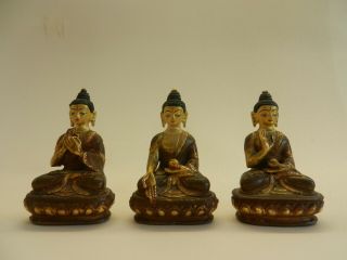 Antique Vintage 3 Chinese Tibetan Gilt Hand Painted Bronze Buddha Statues.