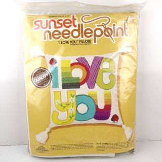 Nos Sunset Needlepoint I Love You 6910 14” Pillow W Tassles Vintage