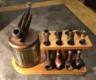 Set Of Nine Vintage Estate Smoking Pipes,  Tobacco Jar And Pipe Stand Holder.