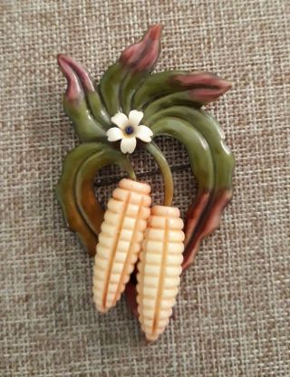 Rare Vintage 1930s Celluloid Pin/brooch With 2 Overdyed Ears Of Bakelite Corn