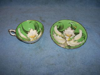 Rare Large White Iris Flower On Green Paragon Cup Saucer Double Warrant