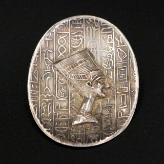 Vtg Sterling Silver - Egyptian Queen Nefertiti Hieroglyphics Brooch Pin - 10g