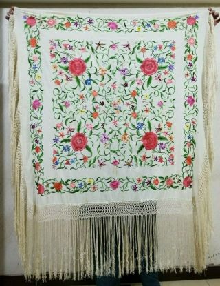 Vintage Chinese Embroidered Piano Shawl Multi Color 115x115cm Fringe 41cm