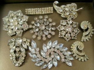 Vtg Clear Rhinestone Pins & Dress Clips Parts Some Deco 1 Weiss