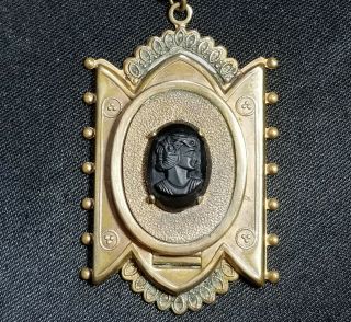 Antique Victorian Mourning Black Cameo Pendant Locket Vintage Ornate Necklace