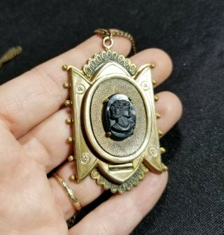 Antique Victorian Mourning Black Cameo Pendant Locket Vintage Ornate Necklace 5