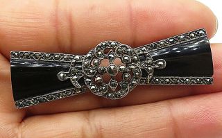 925 Silver - Vintage Black Onyx & Marcasite Swirl Design Brooch Pin - Bp2794