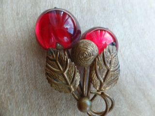 Vintage Austria Double Glossy Red Cherry/apple/berry Glass Fruit Brooch/pin