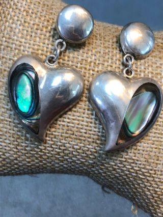 Vintage 925 Sterling Silver Abalone Puffy Heart Dangle Pierced Earrings Signed