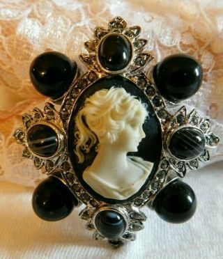 Rj Graziano Vintage Signed Black White Silver Large Faux Cameo 2 " Pin Brooch