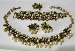Vintage Signed Florenza Faux Pearl & Rhinestone Necklace Bracelet Earrings