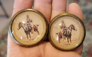 55 - 10 - Pair Vintage Glass Domed Rosettes Indian Brave On Horseback