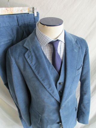 Vintage 70s Blue Cotton Corduroy Three Piece Suit 32 40r