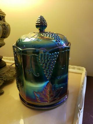 Vintage Indiana Blue Carnival Glass Candy Cracker Or Cookie Jar Grape Design 9.  5