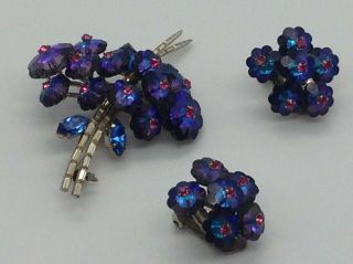 Vintage Austria Brooch & Earrings Blue Purple Rivoli Aurora Borealis Rhinestones