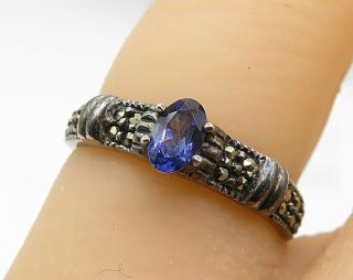 925 Sterling Silver - Vintage Tanzanite & Marcasite Band Ring Sz 5 - R6283