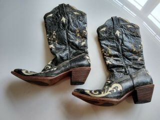 Corral Vintage Womens 10 M Black Lizard Overlay Leather Cowboy Boots Mexico
