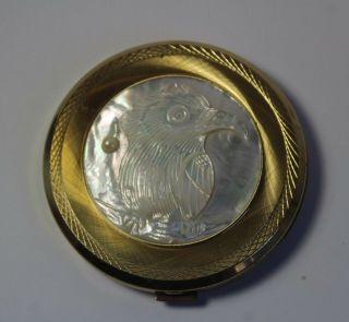 Vintage Mid 20thc Art Deco Carved Mother Of Pearl Bird Makeup Compact Case