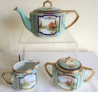 Vintage Noritake Porcelain Lustre Enamel Teapot,  Milk & Sugar Scenic Gold Gilded