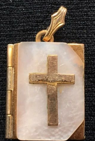 Antique Victorian 1 1/8 " Gold Filled Bible Book Cross Lords Prayer Locket Pearl