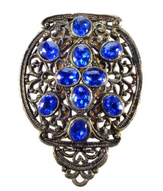 Antique Art Deco Sapphire Glass Filigree Pewter Dress Clip