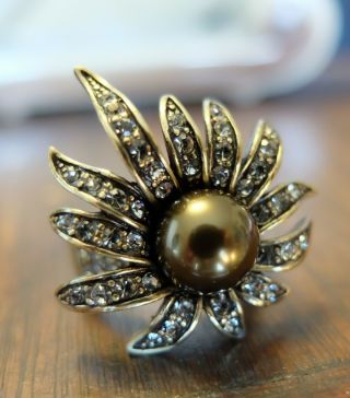 Vintage Deco Heidi Daus Swarovski Rhinestones Pearl Starburst Flower Ring Nib