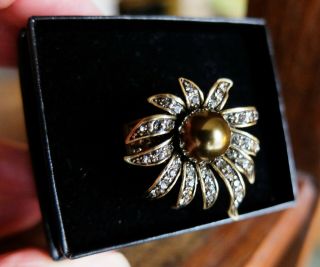 Vintage Deco Heidi Daus Swarovski Rhinestones Pearl Starburst Flower Ring NIB 4