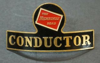 Vintage The Milwaukee Road Railway Conductor Hat Badge Brass Red & Black Enamel