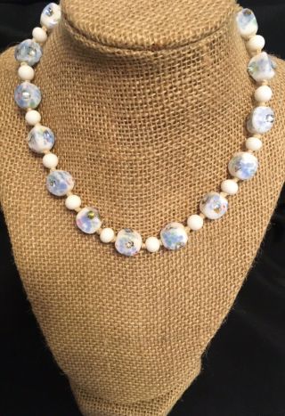 Vintage Japan White & Blue Hand Tied Beaded Necklace Choker