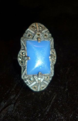 Antique Art Deco Vintage 800 Silver Blue Chalcedony Marcasite Ring Size 6
