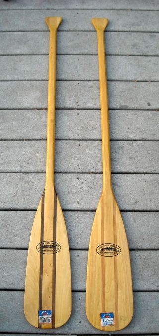 (2) Caviness Woodworking Co Feather Brand Wood Oars Paddles 54 " Vtg Usa