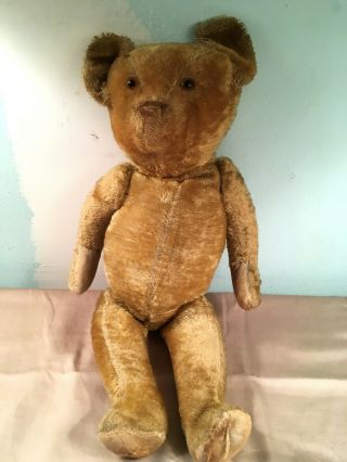 Antique Teddy Bear Golden Mohair W/ Glass Eyes Hump Back Jointed Arms & Legs