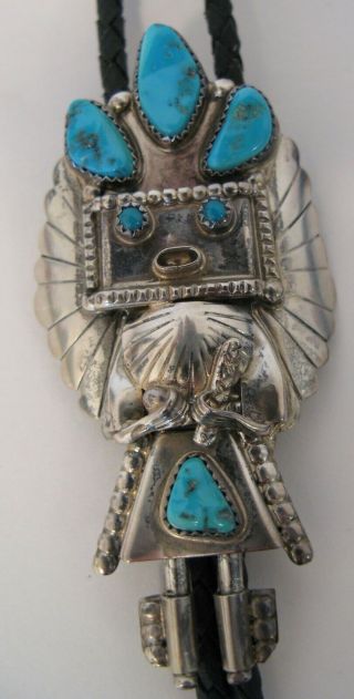 Vintage Native American Sterling Silver & Turquoise Figural Kachina Bolo Tie
