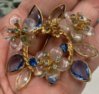 Vintage Signed Vendome Flower Brooch Pin With Lucite Crystal And Rhinestones