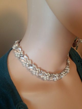 Vintage Crown Trifari Necklace Silver tone With Faux Pearls And Rhinestones. 2