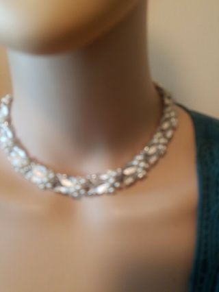 Vintage Crown Trifari Necklace Silver tone With Faux Pearls And Rhinestones. 5